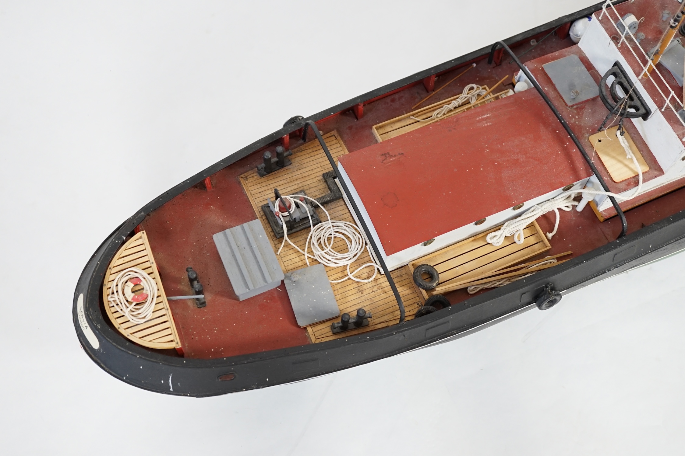 A kit built Maxwell Hemmens pond yacht style model of a 1930s Thames Tug after the firm Watkin & Sons, 150cm long